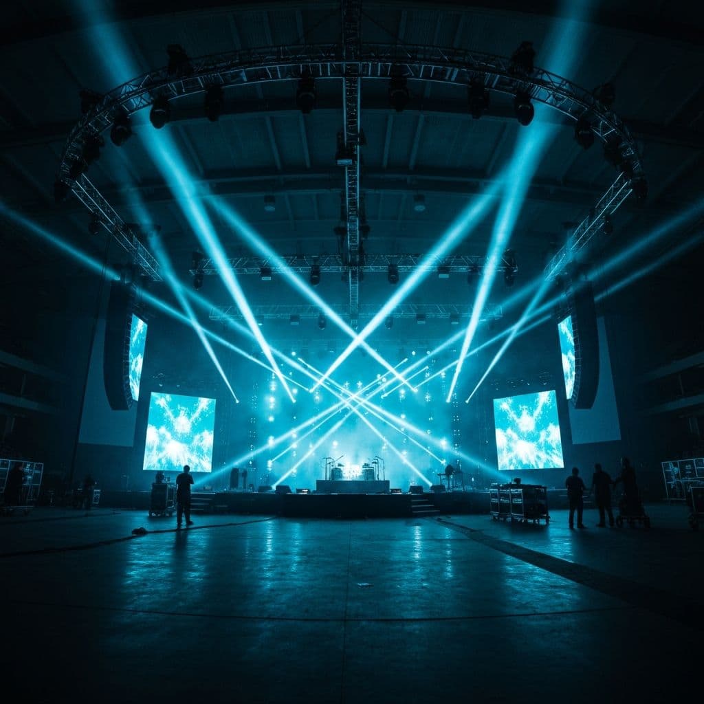 Palco de concerto com iluminacao profissional e estruturas truss